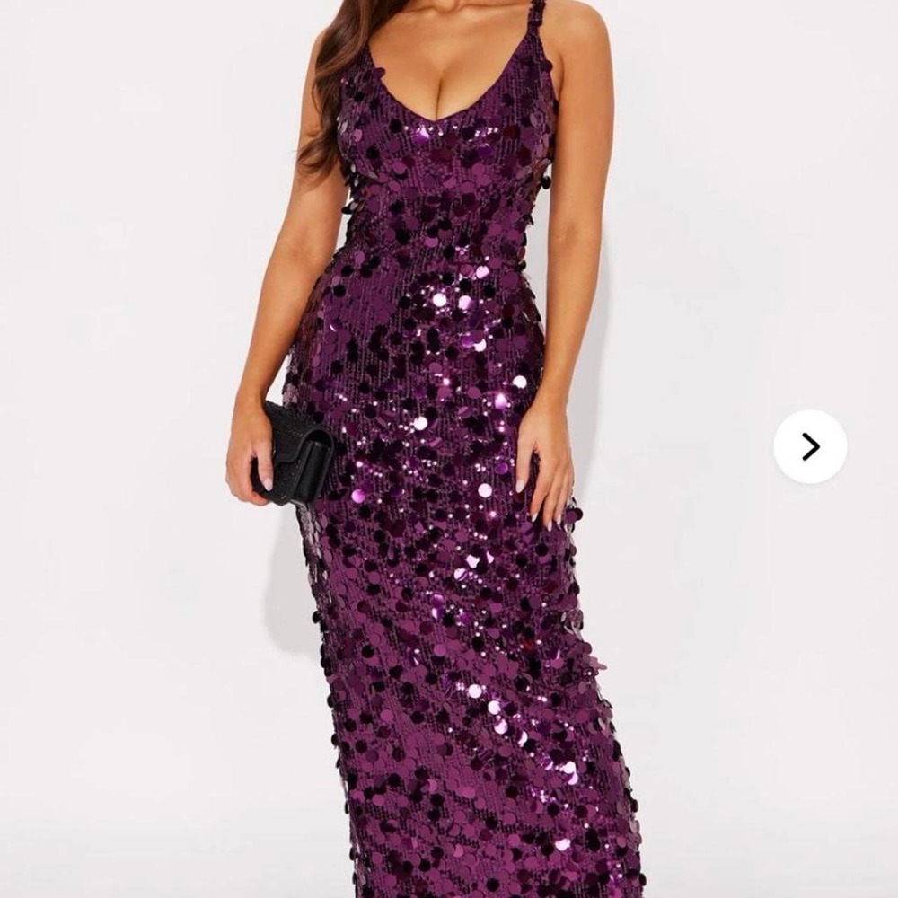 Fashion Nova Purple Sequin Maxi Dress - V-Neck Sparkle Evening Gown - Size S